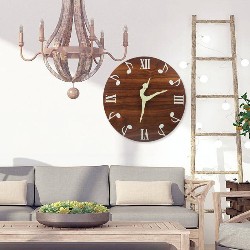 Round wooden wall clock with dancer and musical notes 30cm Ballet