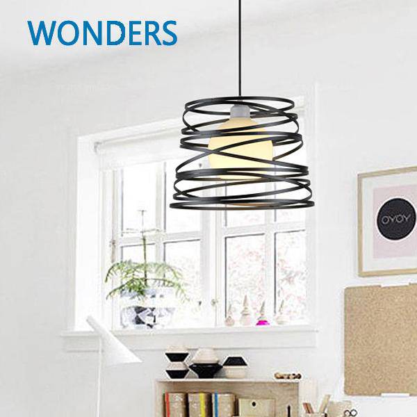 Design pendant light with irregular black spirals