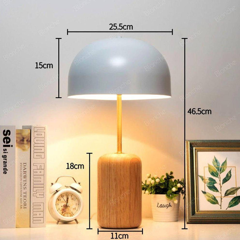 Lampe à poser LED en bois avec abat-jour arrondi blanc