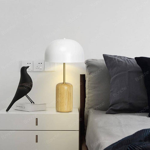Lámpara de mesa LED de madera con pantalla redonda blanca