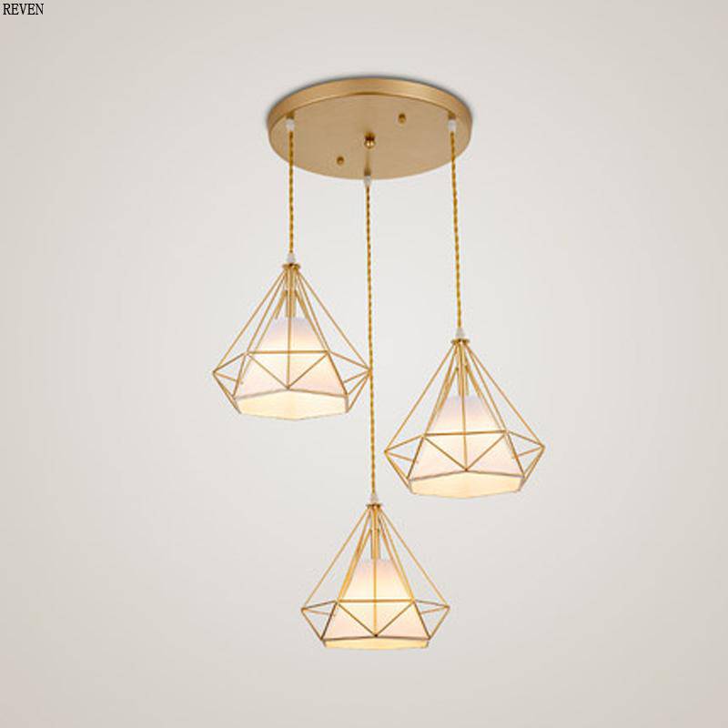 Lustre à suspensions à cages coniques dorées - vue 7 sur 7