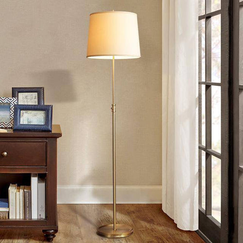 Lámpara de pie LED dorada con pantalla de tela