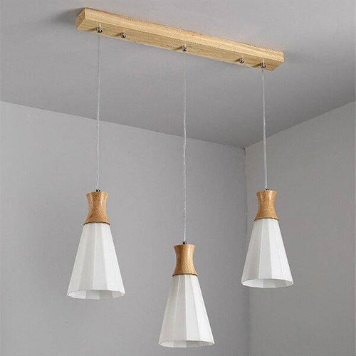 Suspension scandinave LED blanche avec abat-jour bois - vue 6 sur 7
