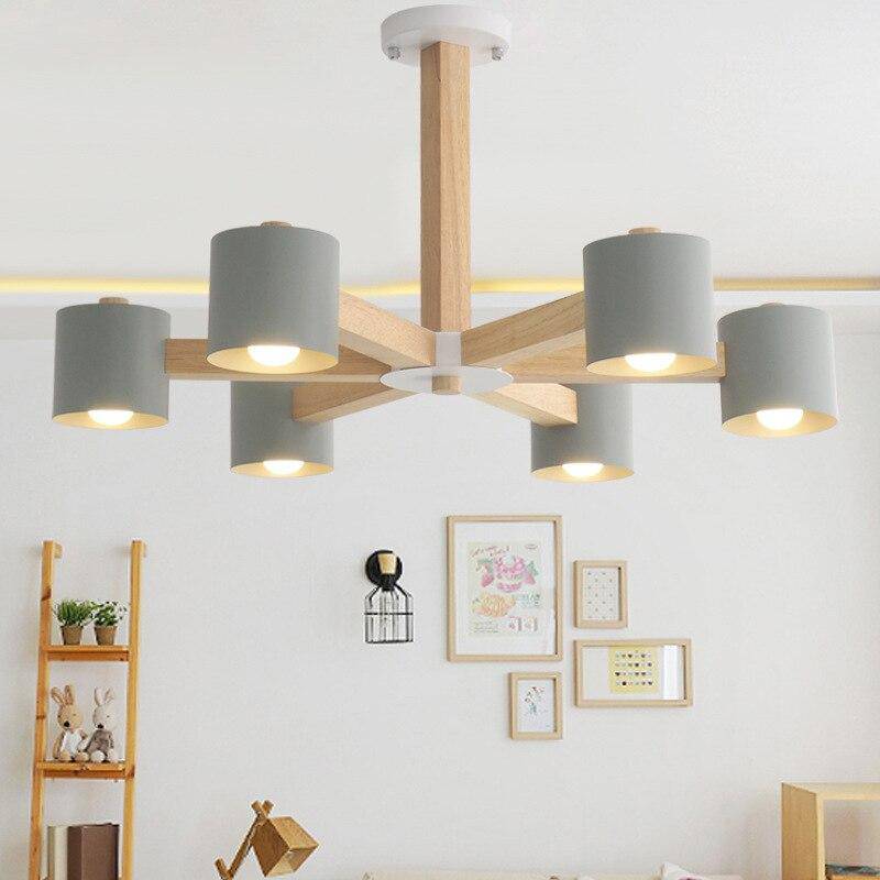 Wooden ceiling light with several coloured cylindrical Spotlights