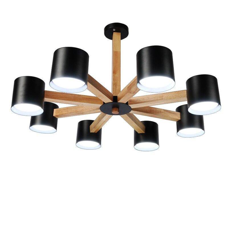 Wooden ceiling light with several coloured cylindrical Spotlights