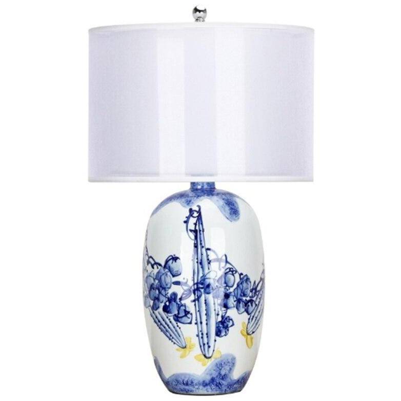 White and blue ceramic LED table lamp with lampshade Japanese style