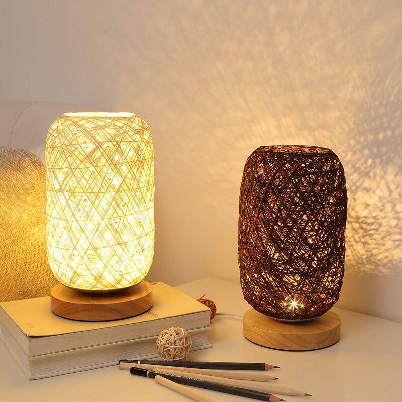 Rattan LED table lamp with wooden base and lampshade