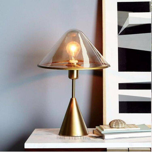 Design bedside lamp with copper style LED and lampshade in glass