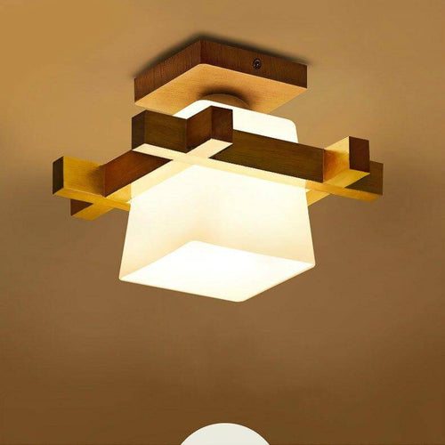 Modern LED ceiling lamp in wood and Japanese style cube