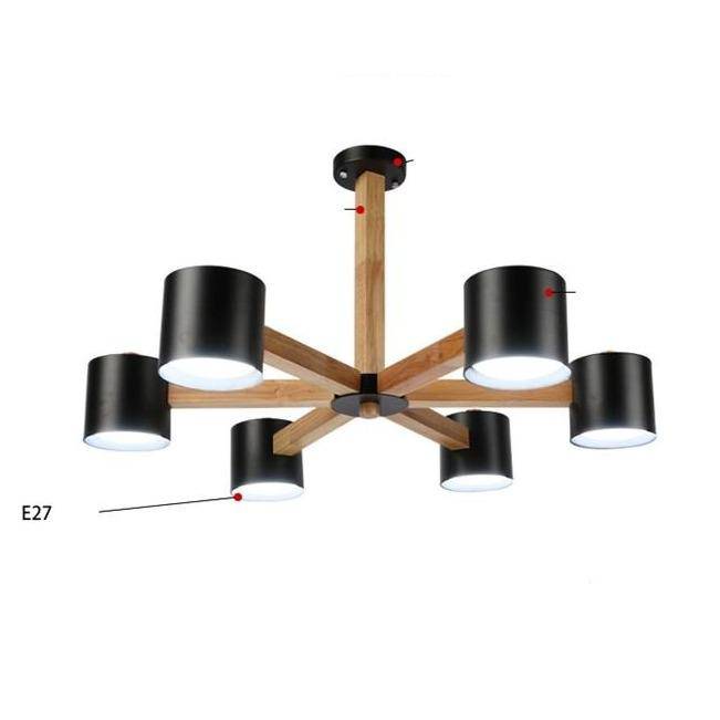 Wooden ceiling light with several coloured cylindrical Spotlights