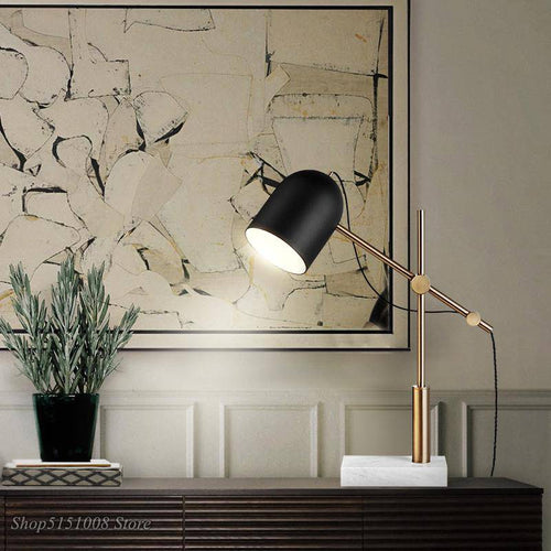 LED design table lamp in marble with lampshade rounded black