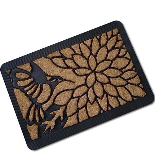 Rectangular doormat with bird and leaf design and rounded edges
