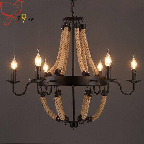 Rustic metal and rope chandelier with flame lamps