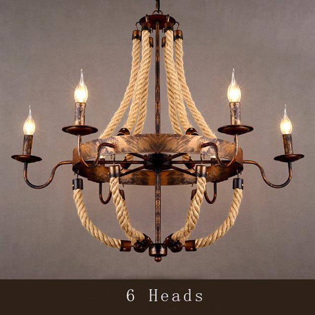 Lustre rustique en métal et cordages avec lampes en flamme - vue 3 sur 7