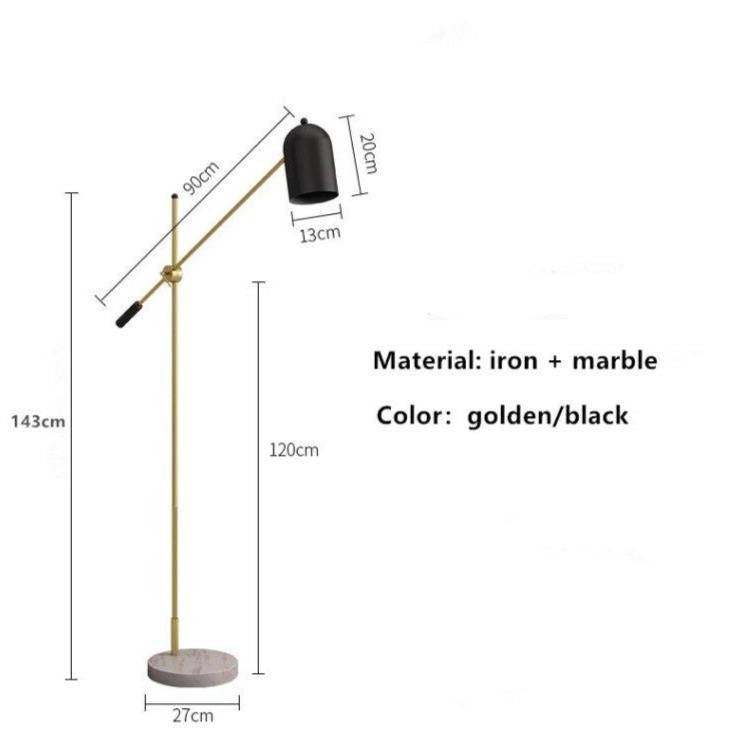 Lampadaire design LED doré avec abat-jour noir et socle en marbre