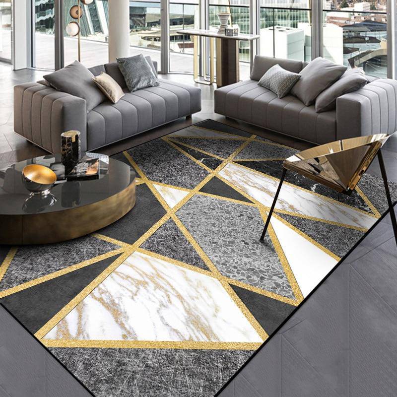 Moderna alfombra rectangular blanca y gris, de estilo geométrico