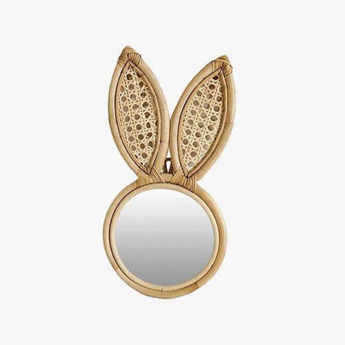 Miroir mural rond en rotin avec oreilles de lapin - vue 2 sur 6
