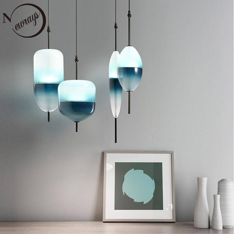 pendant light modern glass design in the shape of a blue drop