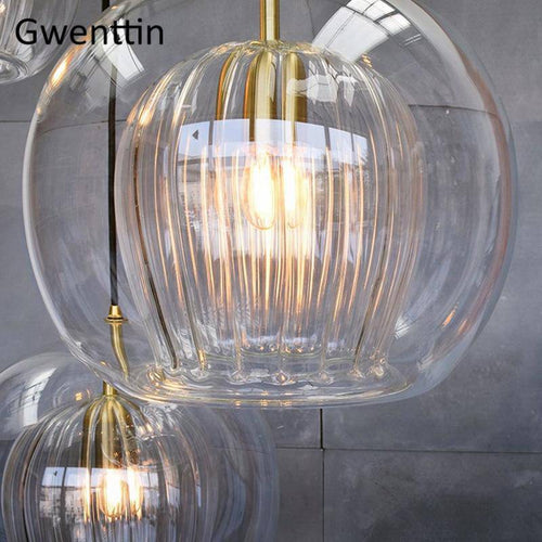 Suspension LED boule en verre avec tige dorée Modern - vue 5 sur 12