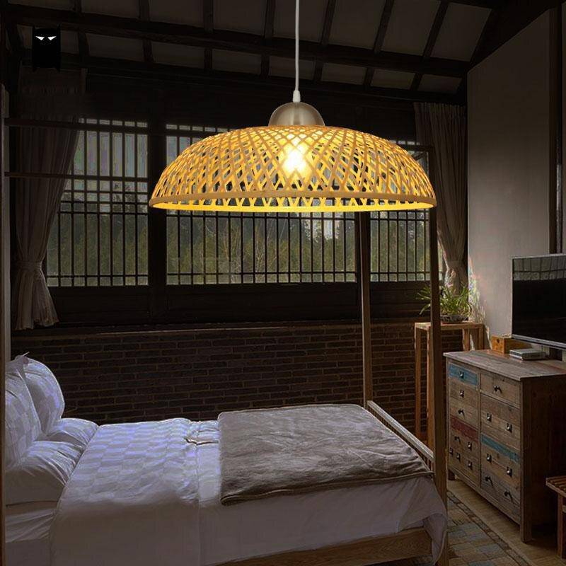 Suspension rustique LED avec abat-jour arrondi en rotin style Asian