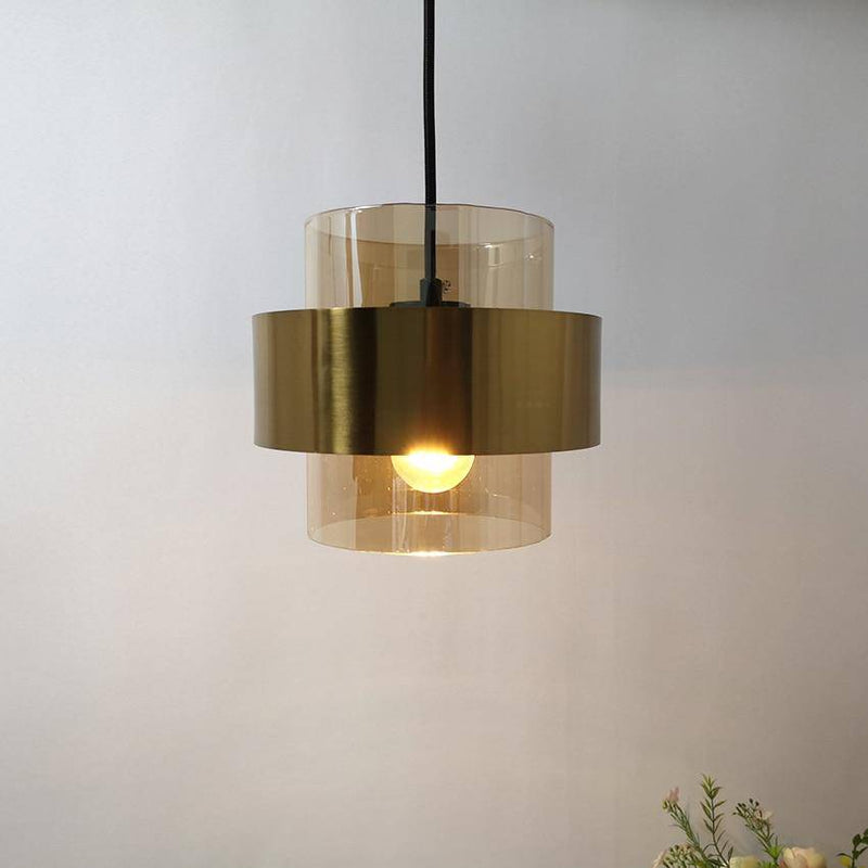 pendant light LED design with glass cylinder and gold metal