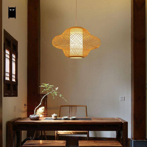 pendant light in LED rattan with lampshade with rounded shapes