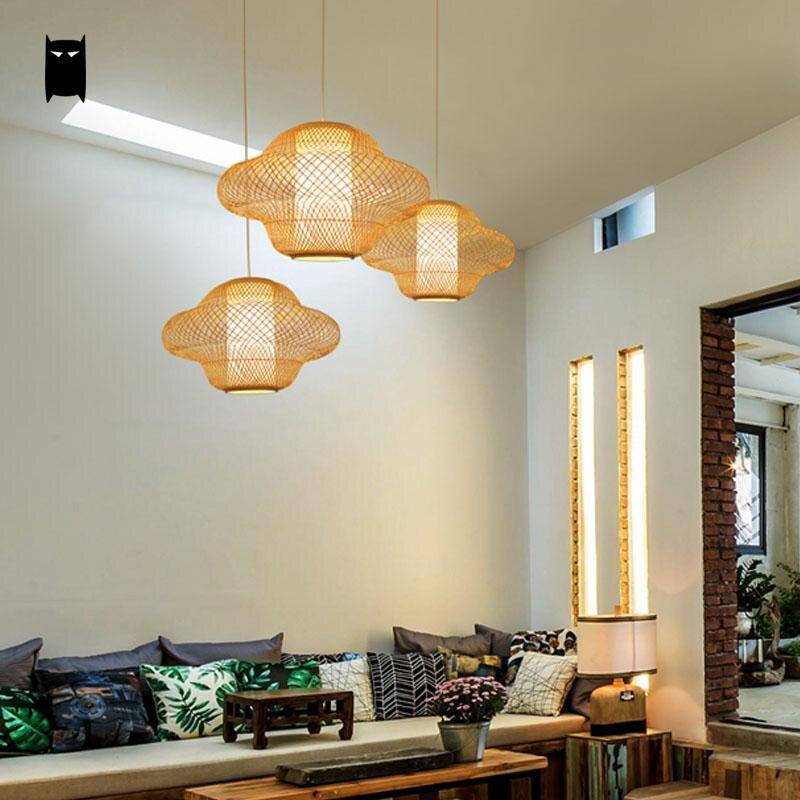 pendant light in LED rattan with lampshade with rounded shapes