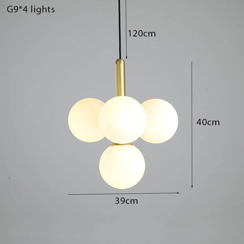 Suspension design LED avec cylindre doré et plusieurs boules en verres Fly
