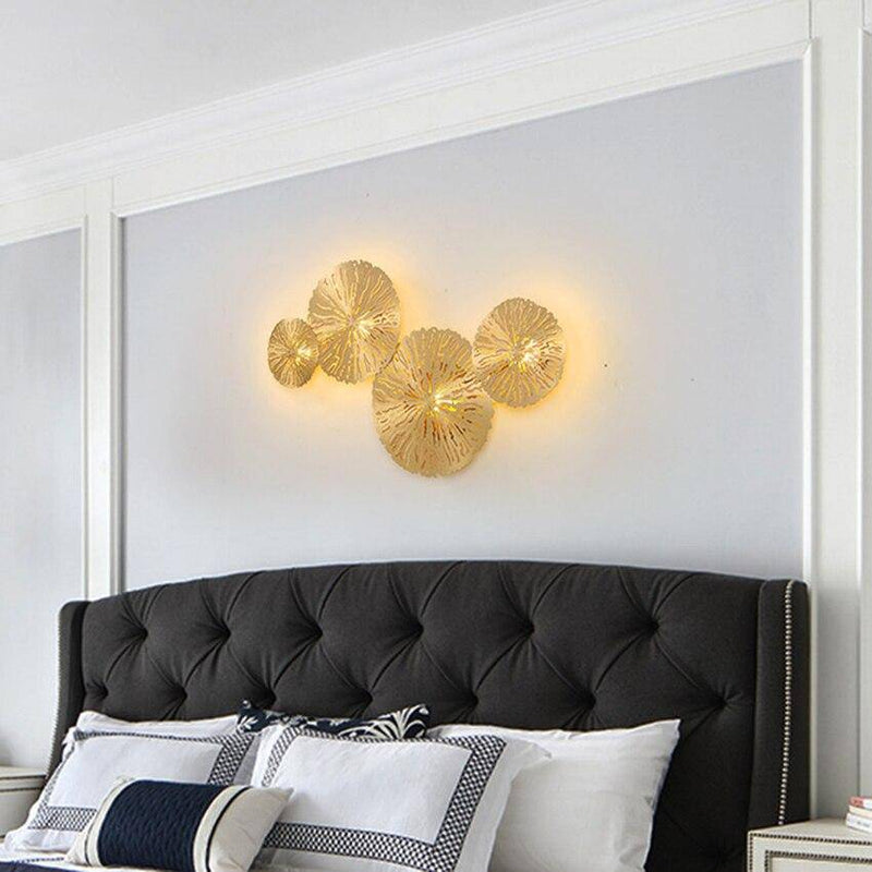 wall lamp LED design wall with several gold or copper discs in flower style