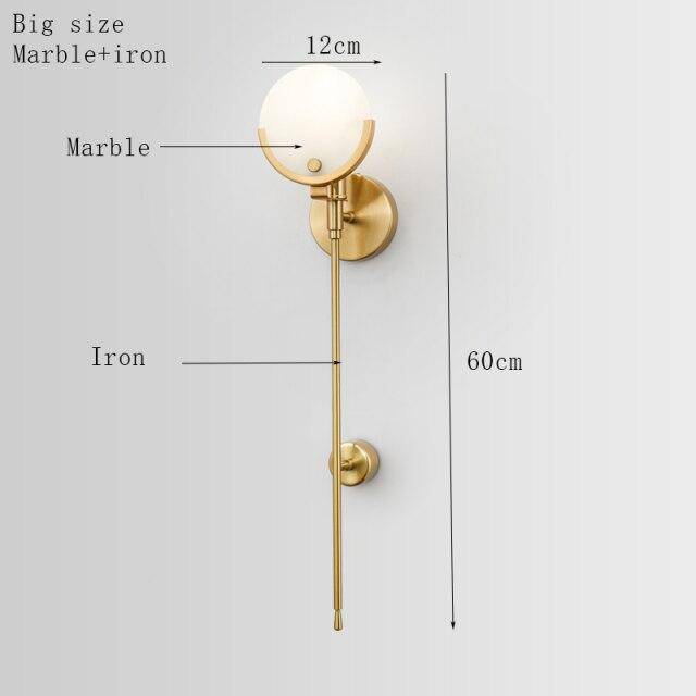 Applique murale design LED avec tige en métal doré et marbre