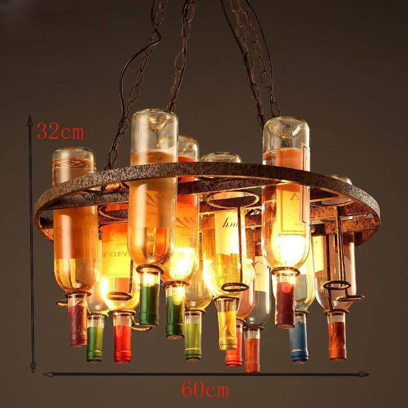 Rustic chandelier in retro metal and coloured glass bottles 60x32cm