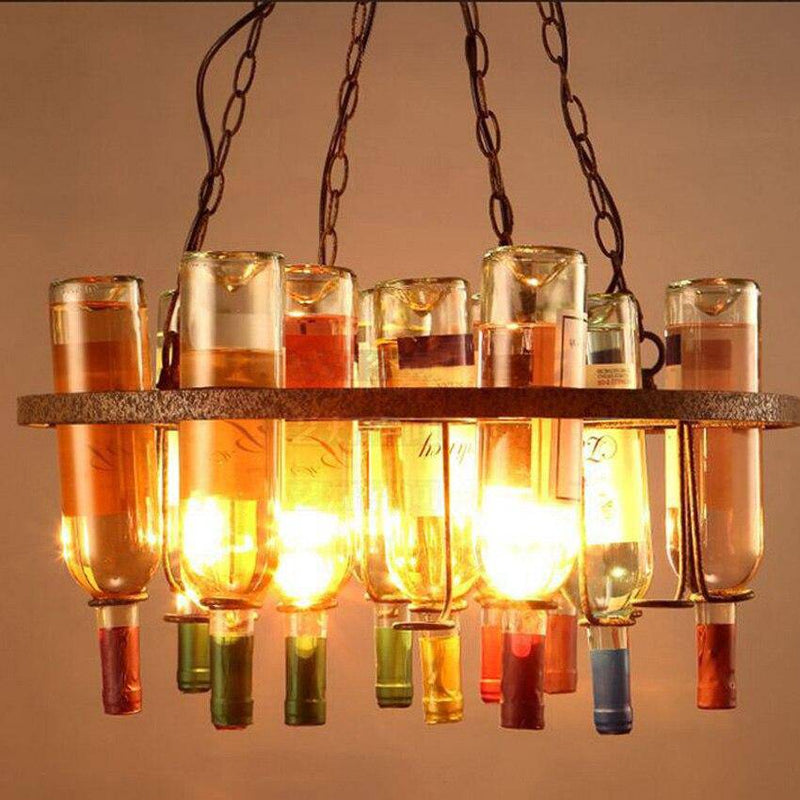 Rustic chandelier in retro metal and coloured glass bottles 60x32cm