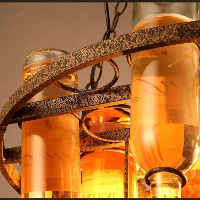Araña rústica de metal retro y botellas de vidrio de colores 60x32cm