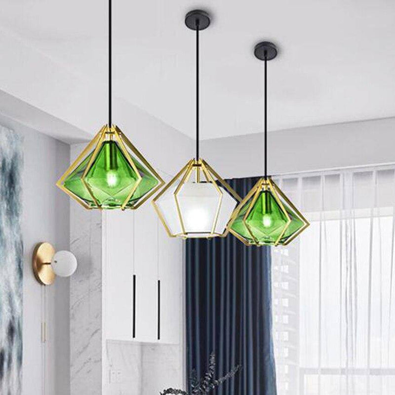 pendant light geometric gold design and colored glass Diamond