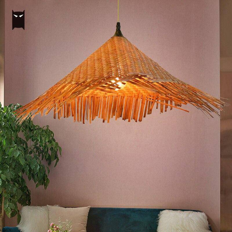 Suspension rustique LED avec abat-jour en rotin triangulaire style Asian