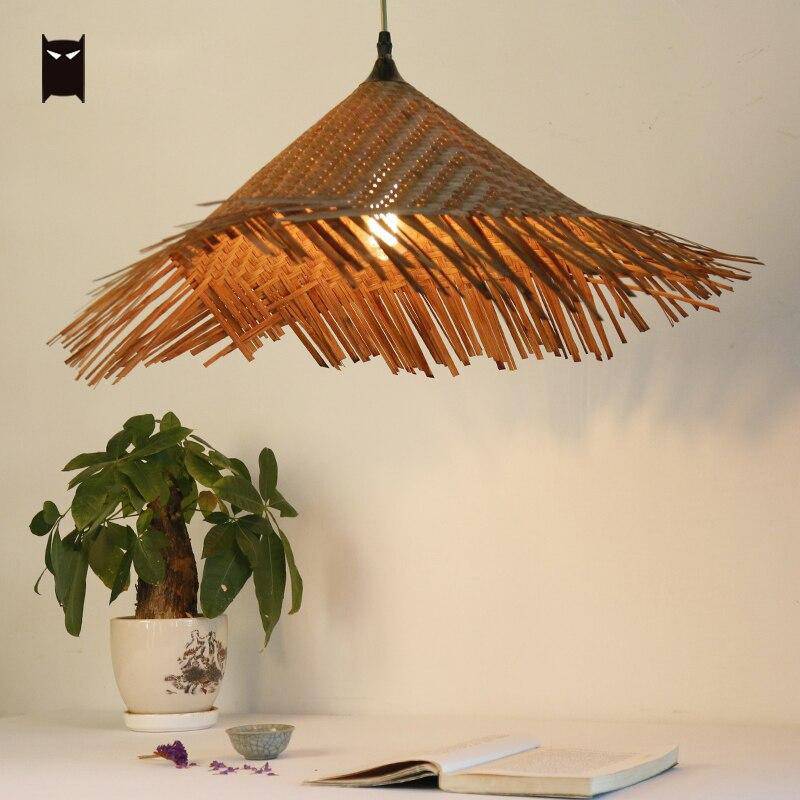 pendant light rustic LED with lampshade rattan triangular Asian style