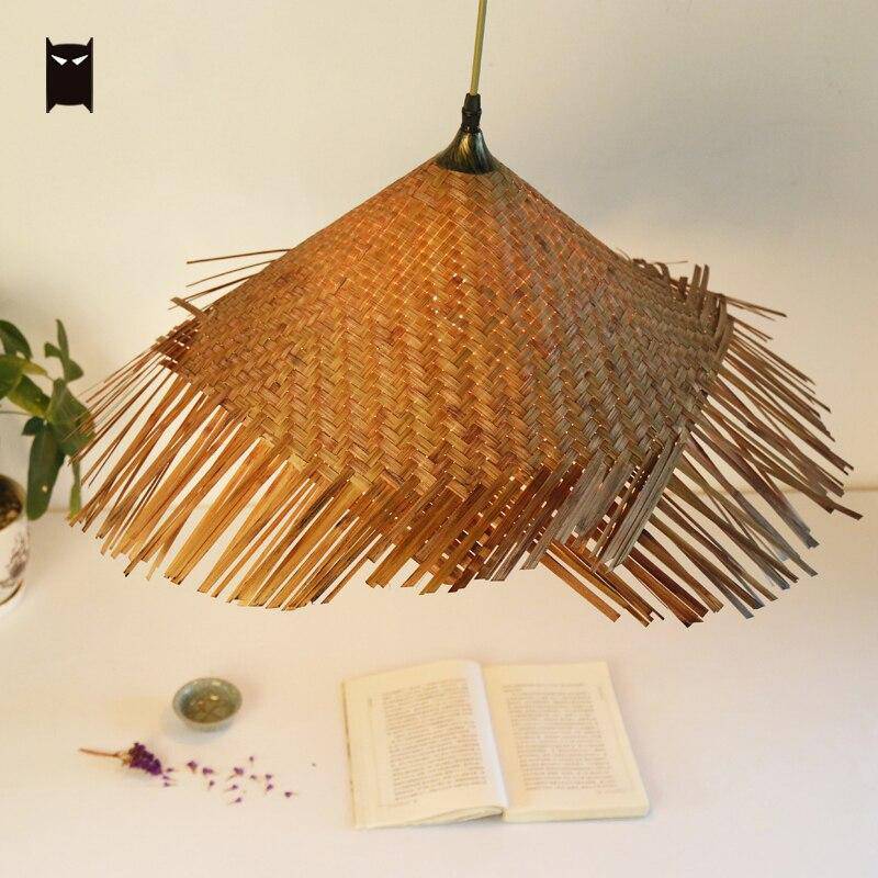 pendant light rustic LED with lampshade rattan triangular Asian style