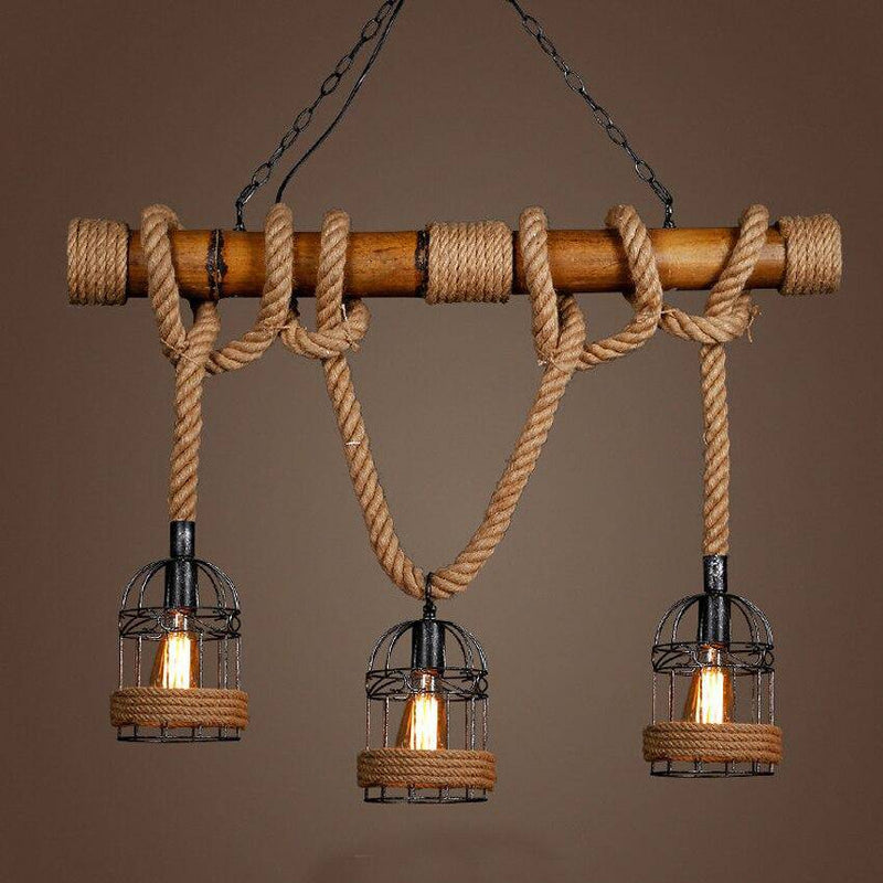 Suspension rustique LED en bois avec corde et plusieurs cage en métal style rétro