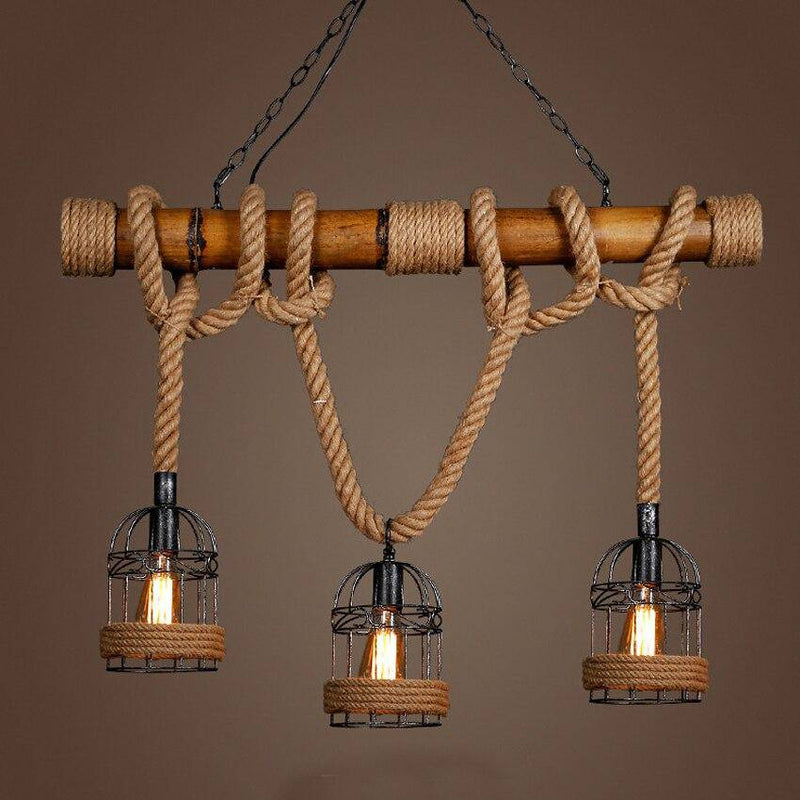pendant light rustic LED wood with rope and several metal cages retro style