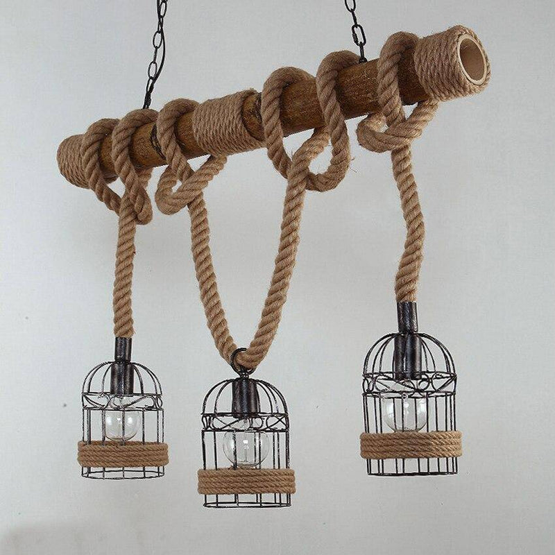 Lámpara de suspensión LED rústico de madera con cuerda y varias jaulas metálicas de estilo retro