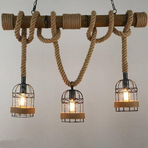 Suspension rustique LED en bois avec corde et plusieurs cage en métal style rétro - vue 5 sur 7