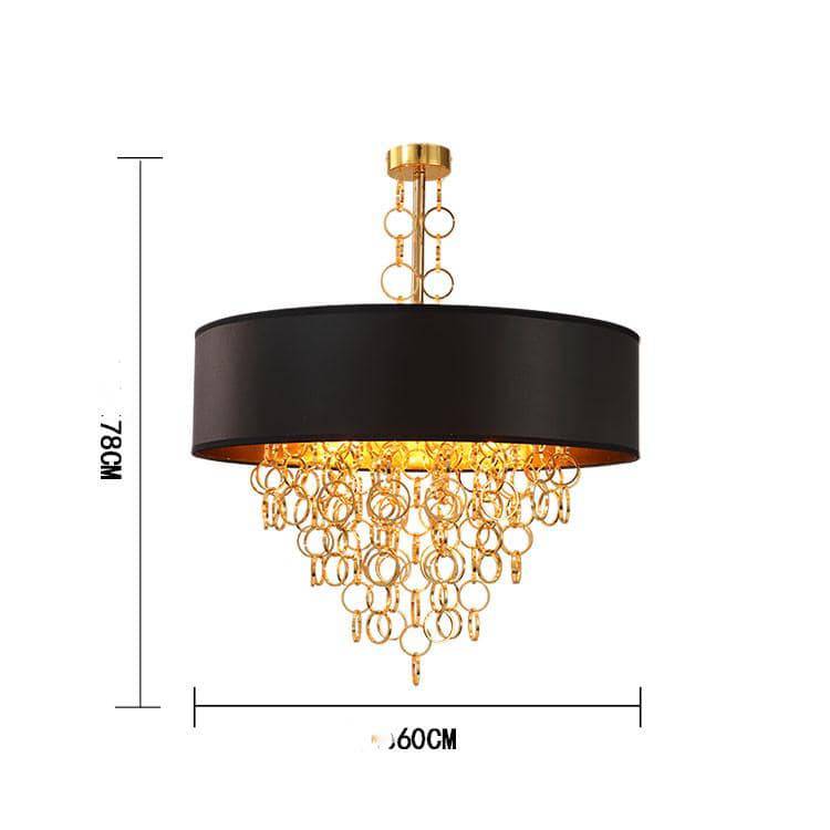 Moderna lámpara de araña con pantalla redonda negra y detalles dorados