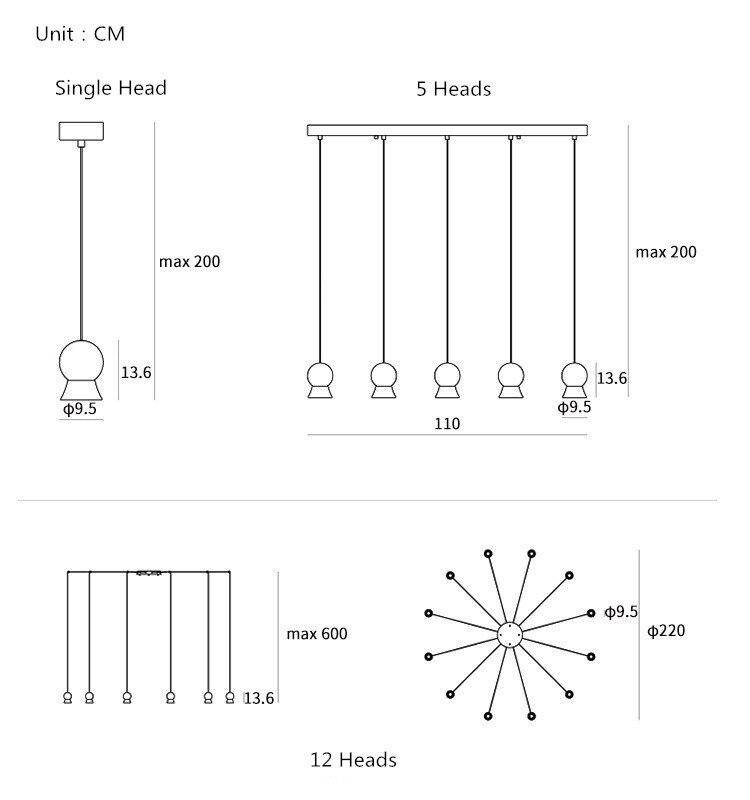 Suspension et lustre design à LED avec boule en verre et support dorée