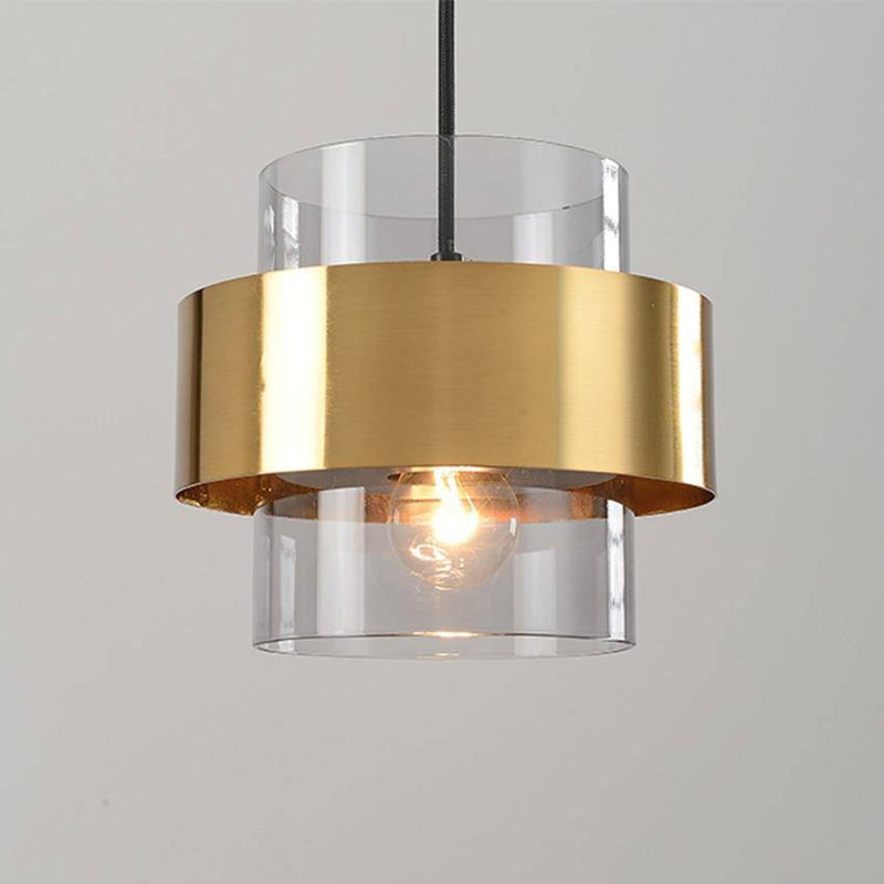 pendant light LED design with glass cylinder and gold metal