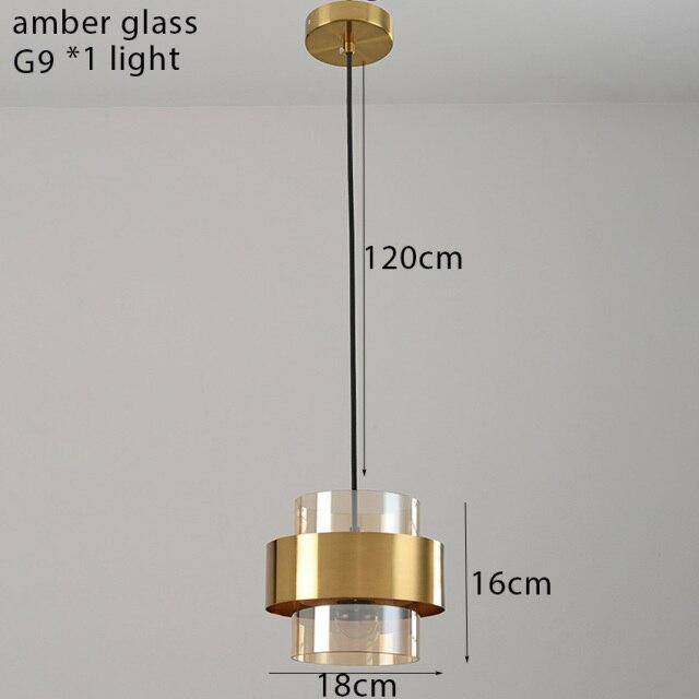 Suspension design LED avec cylindre en verre et metal doré - vue 8 sur 9