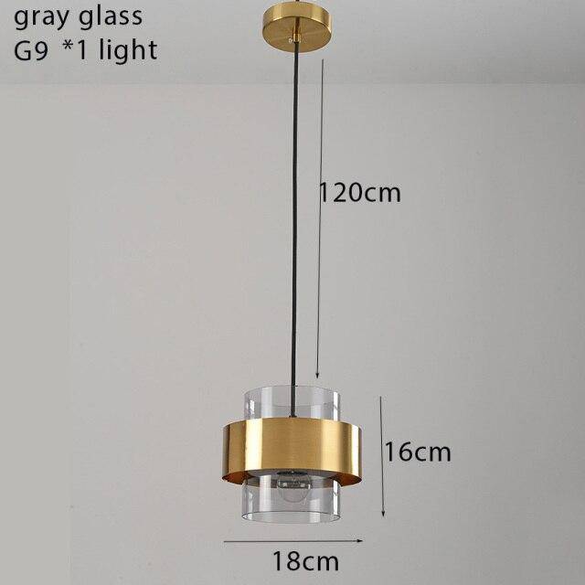 Suspension design LED avec cylindre en verre et metal doré