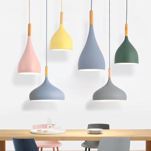 pendant light Colored metal LED and Nordic wooden stick