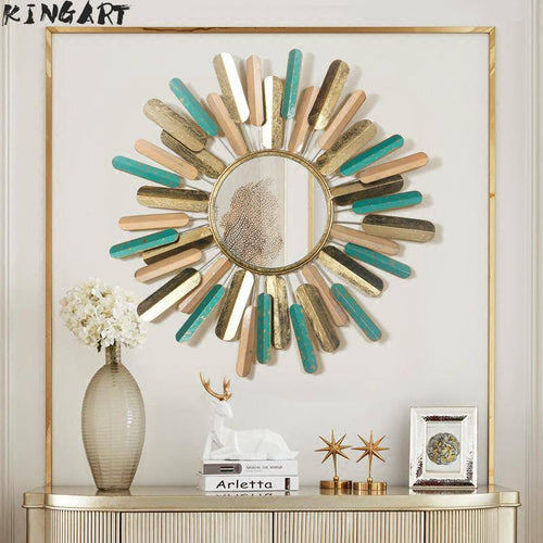 Large coloured metal wall mirror, sunburst style