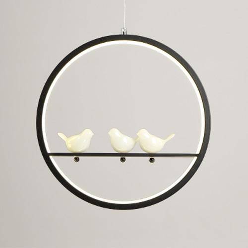 Suspension LED moderne rond avec oiseaux (noir ou blanc)