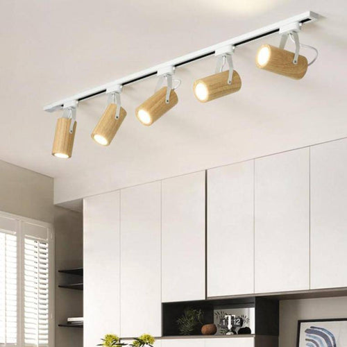 Modern LED ceiling lamp with several wooden spotlights Coffee